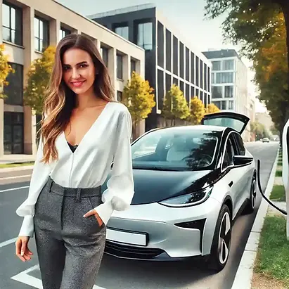 Auf dem Bild ist eine attraktive Frau mit einem modelhaften schönen Gesicht zu sehen, die vor einem modernen Elektroauto steht. Die Szene spielt in einer urbanen Umgebung mit sauberen Straßen, Bäumen und zeitgenössischen Gebäuden im Hintergrund. Die Frau ist stilvoll gekleidet, lächelt selbstbewusst und vermittelt ein positives, dynamisches Erscheinungsbild. Das Elektroauto, das neben ihr parkt, zeigt elegante Designelemente und einen sichtbaren Ladeanschluss, was auf die Nutzung nachhaltiger Technologien hinweist. Die Atmosphäre des Bildes ist lebendig und umweltfreundlich, was die Vorteile und die Attraktivität nachhaltiger Fortbewegungsmittel hervorhebt.