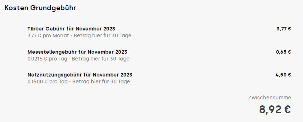 Meine Rechnung bei Tibber wo man die Grundgebührkosten einsehen kann. Die Zwischensumme beträgt 8,92 €.