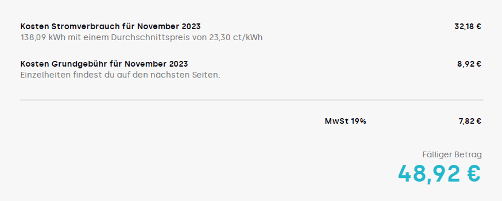 Gesamtkosten meiner Tibberrechnung. Fälliger Betrag: 48,92 €