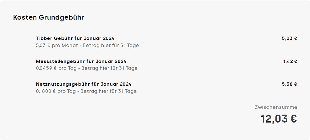 Tibber Rechnung Januar 2024 Grundgebühr. Zwischensumme: 12,03 €