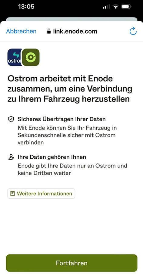 Screenshot der Ostrom App bei der Einrichtung der Smart Charging Funktion über Enode.