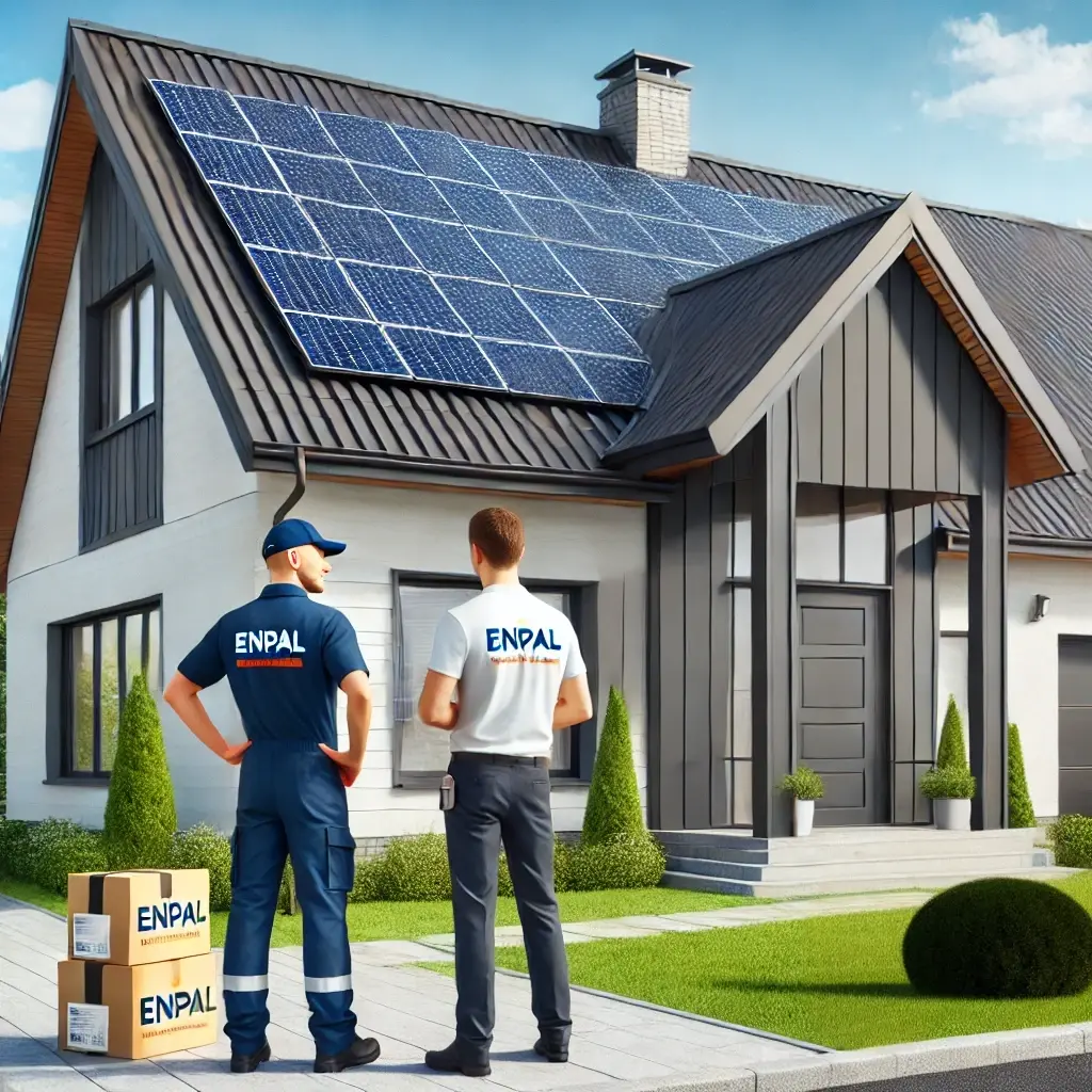 Das Bild zeigt ein modernes Haus mit einer neu installierten Enpal-Solaranlage auf dem Dach, die im Test von Stiftung Warentest positiv bewertet wurde. Die Solarpanels sind schlank und dunkel, fügen sich nahtlos in das Dach ein und demonstrieren die hohe Qualität und Effizienz, die von Stiftung Warentest hervorgehoben wurden. Im Vordergrund erklärt ein Enpal-Techniker in Uniform dem Hausbesitzer das System, was die umfassende Kundenbetreuung von Enpal zeigt. Die Szene ist hell und sonnig, was die Effektivität der Solarpanels unterstreicht und die Empfehlungen von Stiftung Warentest bezüglich der Leistungsfähigkeit solcher Systeme visualisiert.