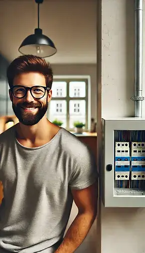 Das Bild zeigt, den Autor darstellend, einen lächelnden Mann mit Brille und Bart, der ein graues T-Shirt trägt. Er steht neben einem offenen Sicherungskasten in einem gemütlichen Innenraum. Der Mann lächelt, weil er positive Erfahrungen mit dem Stromanbieter Tibber gemacht hat. Tibber bietet intelligente und nachhaltige Energieversorgung, die ihm hilft, seine Energiekosten zu senken und umweltfreundlicher zu leben. Die Benutzerfreundlichkeit und Transparenz der Tibber-App haben seinen Alltag vereinfacht und ihm mehr Kontrolle über seinen Energieverbrauch gegeben, was ihn sehr zufrieden und glücklich macht.