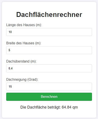 "Ein Diagramm zeigt die Schritte zur Berechnung der Dachfläche für Solaranlagen. Es zeigt die Eingabefelder für Dachneigung, Breite des Hauses und Länge des Hauses sowie die Schaltfläche zum Berechnen der Dachfläche."