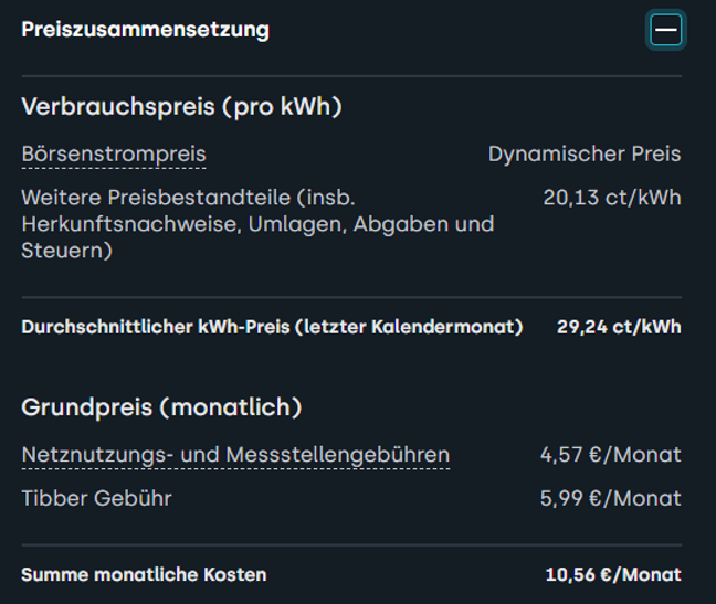 Aktuelle Aufschlüsselung der Strompreise von Tibber. Überschrift: "Preiszusammensetzun". Weitere Daten sind aufgeteilt in Verbrauchspreis und Grundpreis. Der Verbauchspreis des Börsenstrompreises beträgt 20,13 ct und der Grundpreis 10,56 €, der sich auf Netznutzungs- und Messstellengebühren und Tibber Gebühr zusammensetzt.