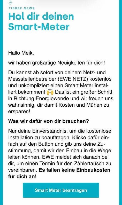 Eine E-Mail von Tibber, in der der Kunde darüber informiert wird, dass er einen kostenlosen Smart Meter erhalten kann und dieser kostenlos eingebaut wird.