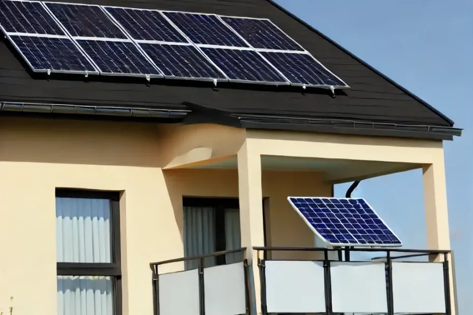 Das Bild zeigt ein modernes Haus mit einem Balkon, auf dessen Dach eine Photovoltaikanlage (PV-Anlage) installiert ist. Zusätzlich befindet sich ein Balkonkraftwerk, bestehend aus einem einzelnen Solarmodul, das am Balkongeländer montiert ist. Dieses Balkonkraftwerk ergänzt die PV-Anlage auf dem Dach und trägt zur nachhaltigen Energiegewinnung des Hauses bei. Eine tragende Säule unterstützt den Balkon, und das Haus ist von einer klaren, umweltfreundlichen Umgebung mit blauem Himmel umgeben.