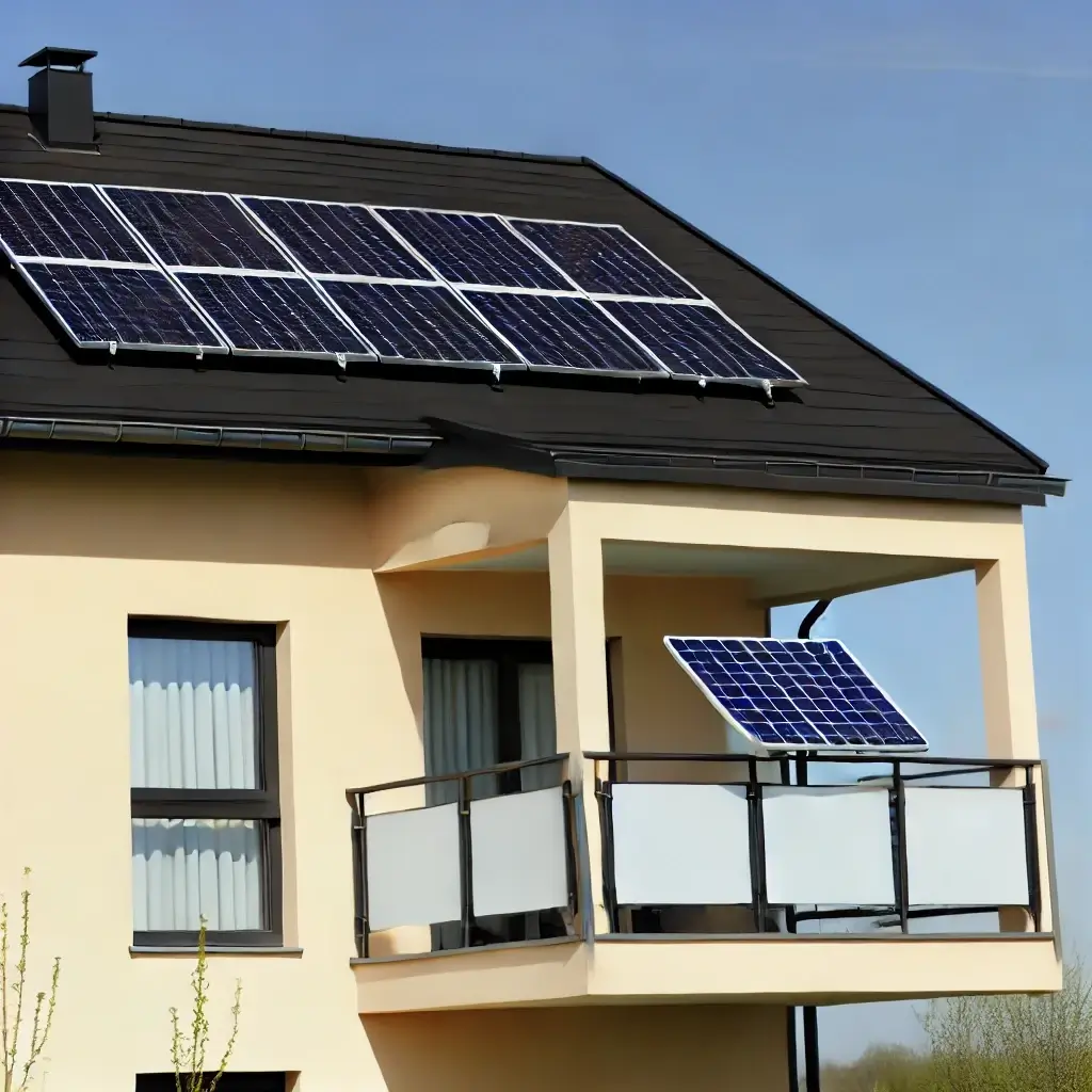 Das Bild zeigt ein modernes Haus mit einem Balkon, auf dessen Dach eine Photovoltaikanlage (PV-Anlage) installiert ist. Zusätzlich befindet sich ein Balkonkraftwerk, bestehend aus einem einzelnen Solarmodul, das am Balkongeländer montiert ist. Dieses Balkonkraftwerk ergänzt die PV-Anlage auf dem Dach und trägt zur nachhaltigen Energiegewinnung des Hauses bei. Eine tragende Säule unterstützt den Balkon, und das Haus ist von einer klaren, umweltfreundlichen Umgebung mit blauem Himmel umgeben.