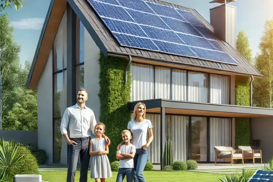 Das Bild zeigt eine glückliche Familie vor ihrem modernen Haus, das mit Solarpaneelen ausgestattet ist. Die Familie wirkt entspannt und zufrieden, was ihre positiven Enpal Erfahrungen mit erneuerbarer Energie widerspiegelt. Das Haus ist von grünen Pflanzen umgeben und die Sonne scheint hell am klaren Himmel, wodurch die Solarpaneele optimal beleuchtet werden. Die Familie gestikuliert in Richtung der Solaranlage, was die erfolgreiche Nutzung und die Vorteile von Enpal für nachhaltige Energie und Unabhängigkeit symbolisiert. Das Bild vermittelt eine harmonische und umweltbewusste Atmosphäre.