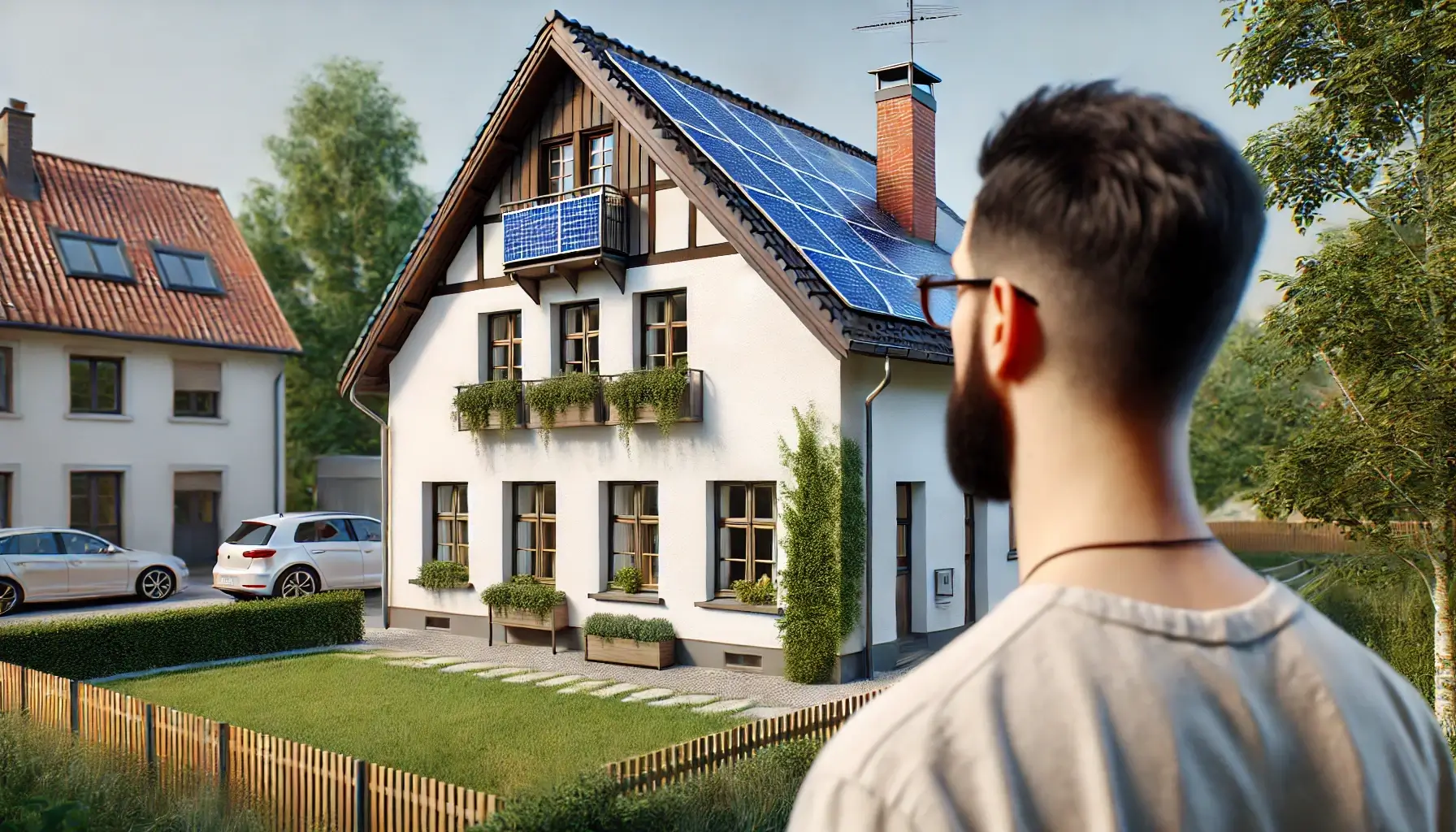 Das Bild zeigt ein modernes, typisches deutsches Haus mit weißen Putzwänden und Holzelementen, das in einer grünen, ruhigen Umgebung steht. Auf dem Dach sind Solarpaneele installiert, was die umweltfreundliche Ausrichtung des Hauses unterstreicht. Die Solaranlage erinnert an die Erfahrungen, die viele Hausbesitzer mit Anbietern wie Enpal gemacht haben, wobei sowohl positive als auch negative Enpal Erfahrungen in Foren diskutiert werden. Insbesondere in Foren mit Titeln wie "Enpal schlechte Erfahrungen Forum" tauschen Nutzer ihre Erlebnisse aus, die von reibungslosen Installationen bis hin zu Herausforderungen reichen.