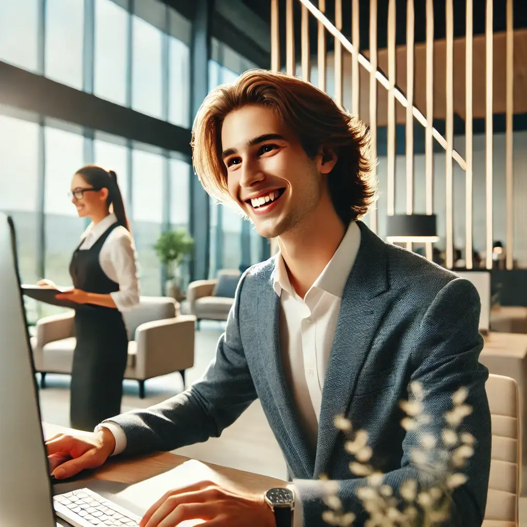 Das Bild zeigt einen Enpal Kundenservice-Mitarbeiter, der freundlich einem Kunden hilft. In einer modernen Büroumgebung sitzt der Mitarbeiter lächelnd an einem Schreibtisch mit einem Computer. Die Atmosphäre ist warm und einladend, dank weicher Beleuchtung und einer professionellen, aber entspannten Gestaltung des Raums. Große Fenster lassen viel natürliches Licht herein, während Pflanzen und moderne Möbel die Szene abrunden. Der Mitarbeiter wirkt engagiert und hilfsbereit, genau wie man es von einem kompetenten Kundenservice erwarten würde. Die Szenerie vermittelt Professionalität und Kundenorientierung, ganz im Stil von Enpal.