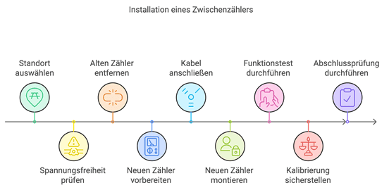 Die Grafik zeigt die Schritte zur Installation eines Zwischenzählers Strom. Es handelt sich um eine Abfolge von einzelnen Schritten, die den Prozess verdeutlichen und durch Symbole und kurze Beschreibungen ergänzt werden.

Standort auswählen:

Der erste Schritt besteht darin, den passenden Standort für den Zwischenzähler Strom auszuwählen.
Spannungsfreiheit prüfen:

Vor Beginn der Arbeiten wird sichergestellt, dass kein Strom fließt, um eine sichere Installation zu gewährleisten.
Alten Zähler entfernen:

Falls vorhanden, wird ein alter Zähler ausgebaut, um Platz für den neuen Zwischenzähler Strom zu schaffen.
Neuen Zähler vorbereiten:

Der Zwischenzähler Strom wird vorbereitet, indem er für die Installation hergerichtet wird.
Kabel anschließen:

Die nötigen Kabel werden an den neuen Zähler angeschlossen, um die Stromverbindung herzustellen.
Neuen Zähler montieren:

Der neue Zwischenzähler Strom wird fest montiert und an seinem Platz fixiert.
Funktionstest durchführen:

Ein erster Test wird durchgeführt, um sicherzustellen, dass der Zwischenzähler Strom korrekt funktioniert.
Kalibrierung sicherstellen:

Die Kalibrierung wird überprüft, um präzise Messungen zu gewährleisten.
Abschlussprüfung durchführen:

Am Ende erfolgt eine abschließende Kontrolle, um sicherzustellen, dass alles ordnungsgemäß installiert ist.
Diese Schritte stellen sicher, dass der Zwischenzähler Strom korrekt und sicher installiert wird und zuverlässig den individuellen Stromverbrauch misst.